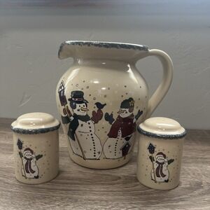 Home & Garden Party 2000 Snowman Stoneware Pitcher w/ Salt Pepper Shakers